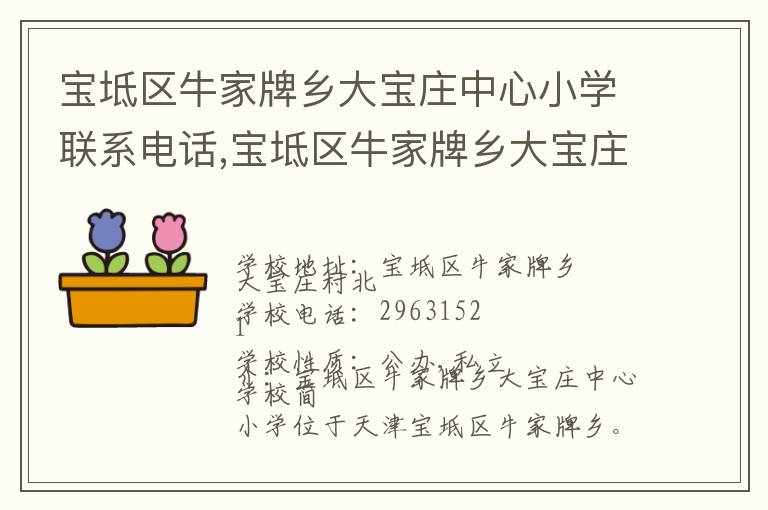 宝坻区牛家牌乡大宝庄中心小学联系电话,宝坻区牛家牌乡大宝庄中心小学地址,宝坻区牛家牌乡大宝庄中心小学官网地址